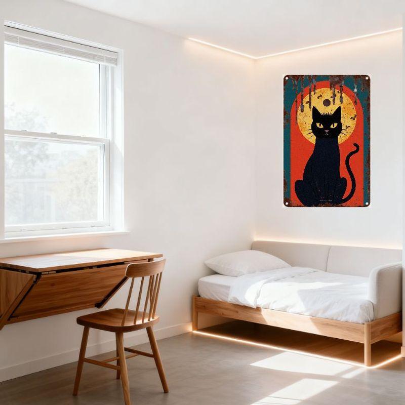 Vintage Rusty Metal Sign with Black Cat Yellow Eyes, Sun Moon, Bats - Red Arch Teal Border Wall Decor for Bar Pub Home Cafe