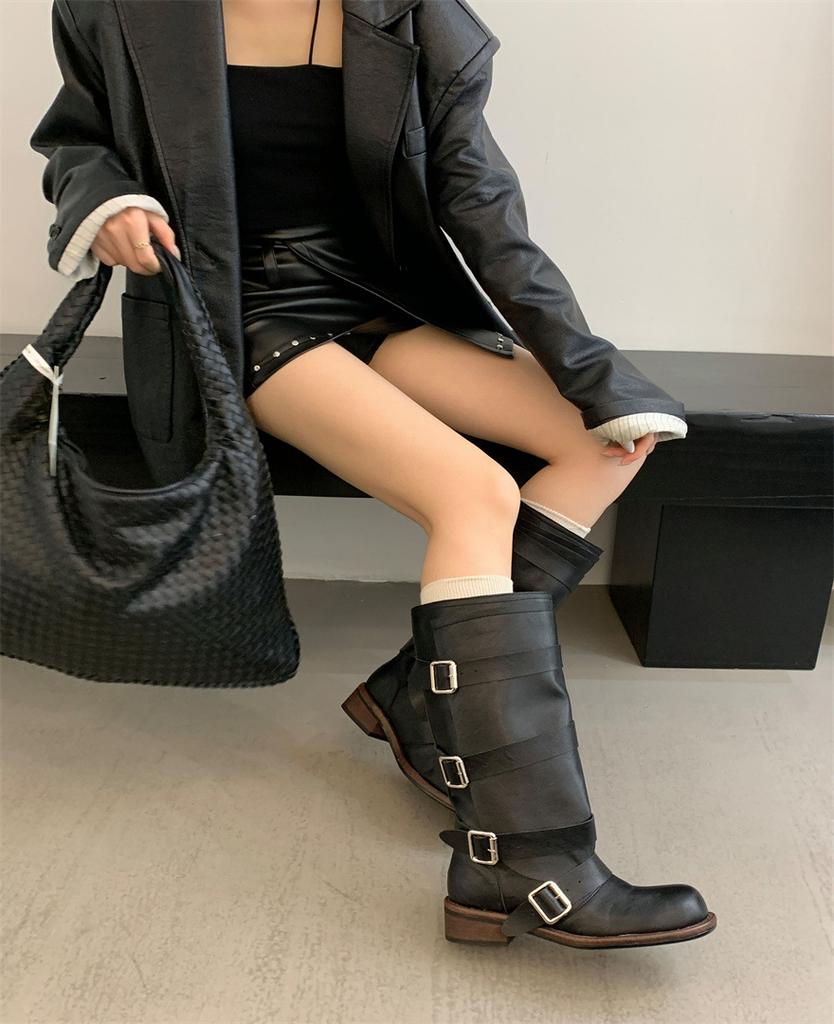 Retro belt buckle boots women's 2025 autumn and winter new thin tall knight boots thick heel large size western cowboy boots