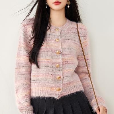 Rundhals-Strickjacke für Damen im Herbst und Winter Lässiger Pullover Jacke Kleines kurzes Oberteil Aktualisierter Stil