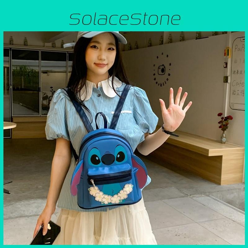 Stitch Cute Embroidered Flower Cartoon Backpack For Girls Daily Use Pu Material