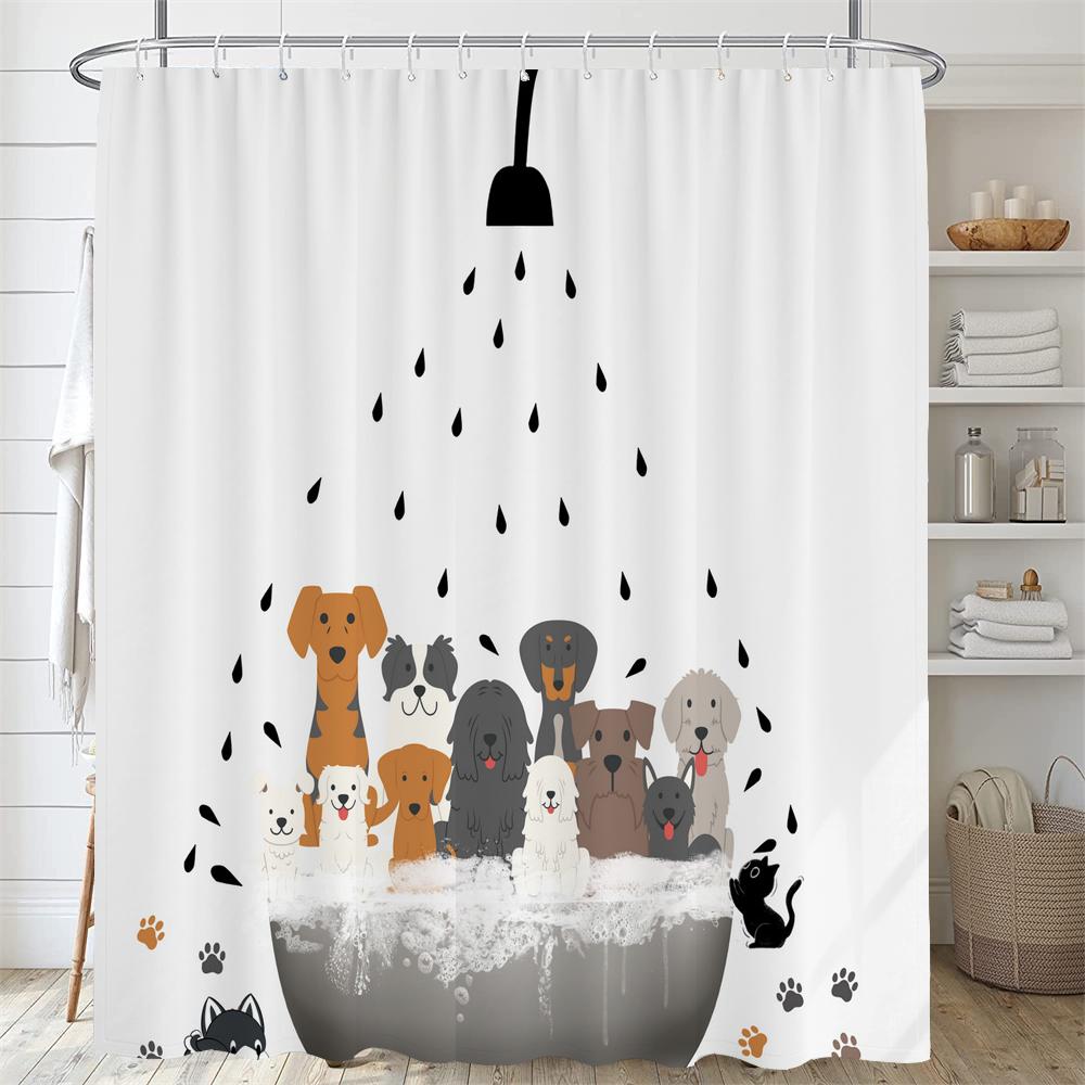 Cartoon Animal Shower Curtain Cute Cat and Dog Bath Curtain with Hooks, Waterproof Shower Curtain, Shower Curtains for Bathroom