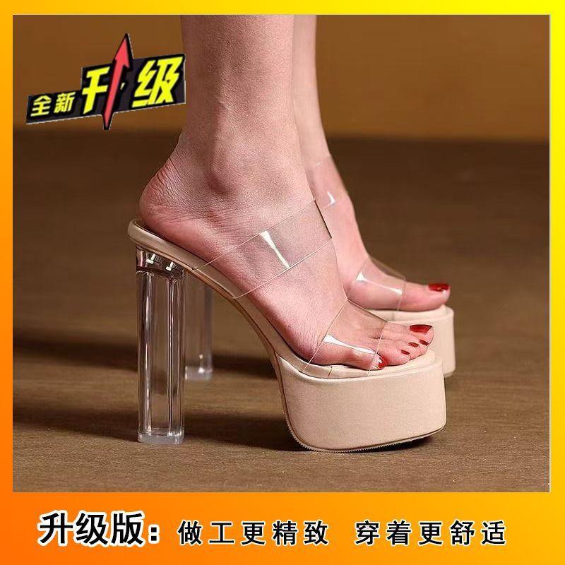 2025 new open-toed transparent word with waterproof table slippers women's simple crystal thick heels high heels sandals