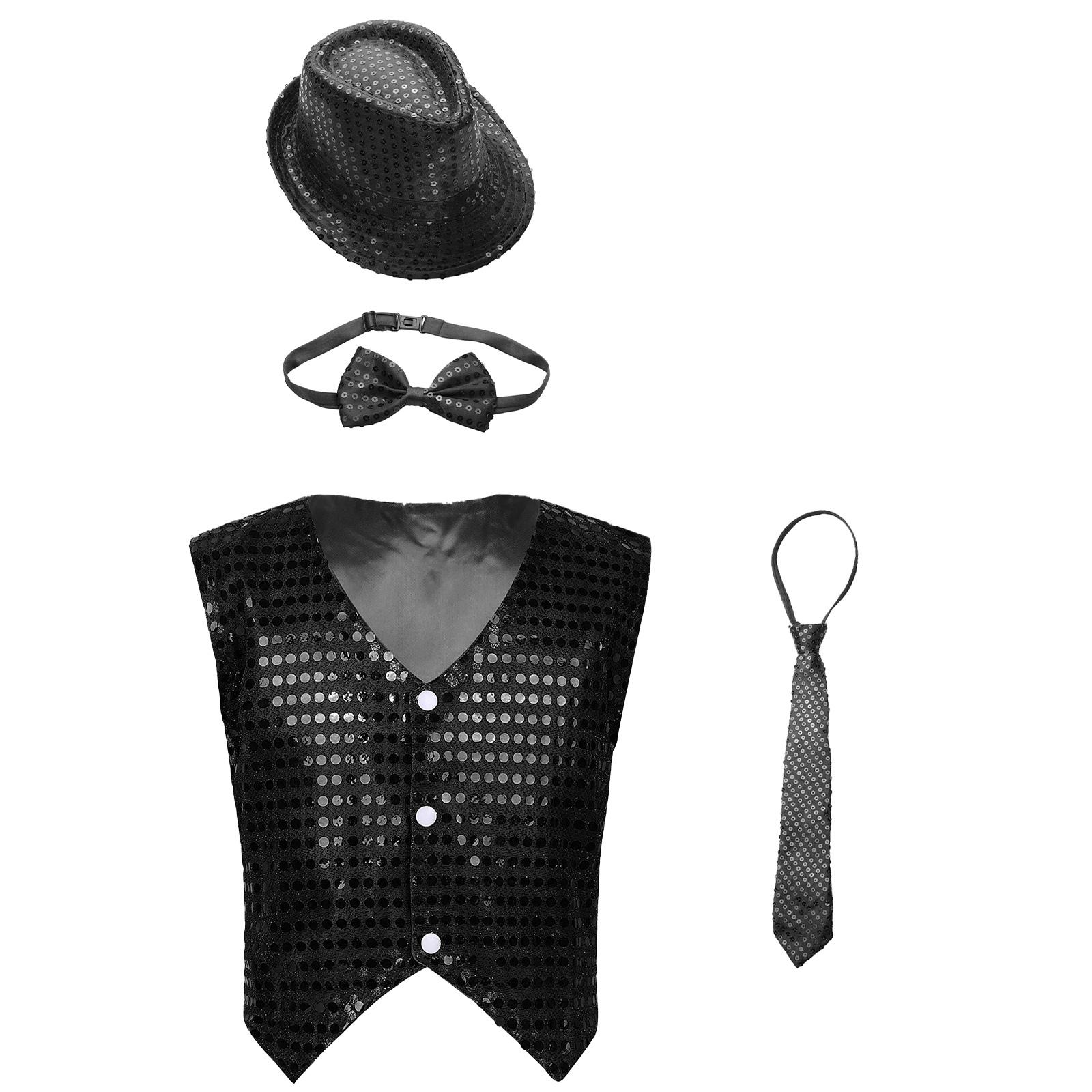 

Жилет для джазовых танцев для мальчиков, блестящий жилет с пайетками, шляпа, галстук-бабочка, комплект для выступлений на сцене, одежда для вечеринок 7-8 Years