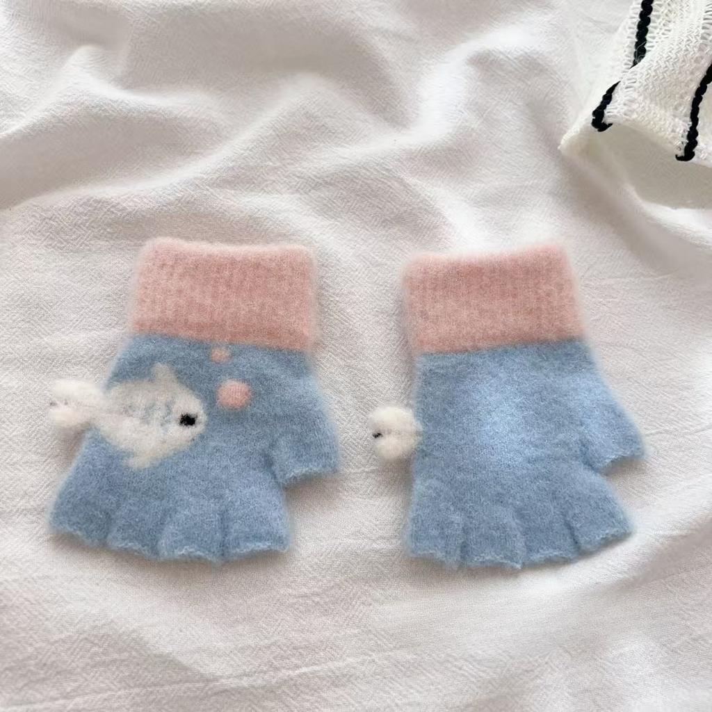 Cute Little Fish Gloves Winter Warm Baby Half Finger Cartoon Boy Minute Hand Knitted Color Blocking Gloves