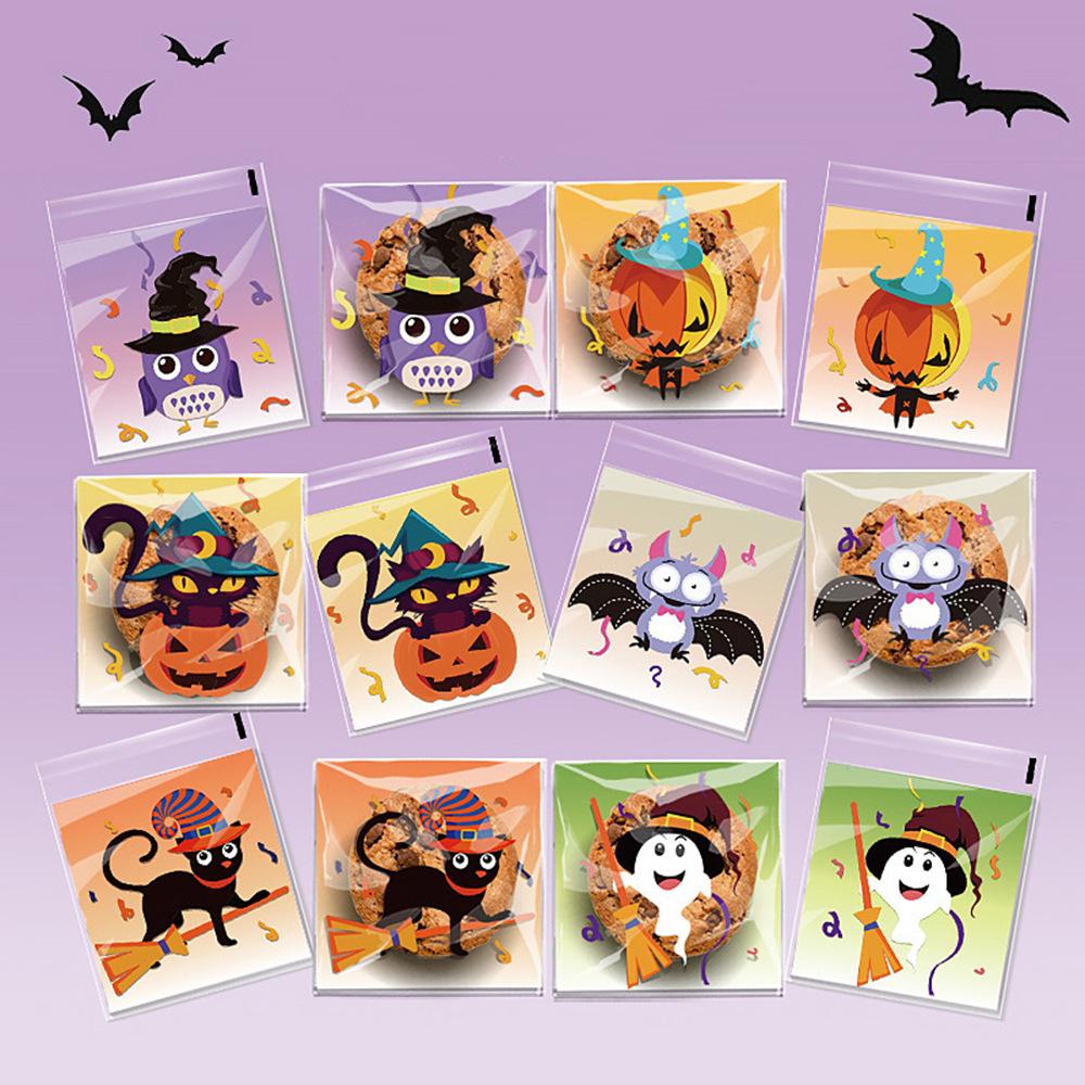 100pcs Halloween Plastic Happy Halloween Transparent Pumpkin Ghost Candy Self-adhesive Plastic Baking Cookie