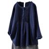 Women Loose Fit Long Sleeve Cotton Linen Shirt Round Neck Pleated Large Size