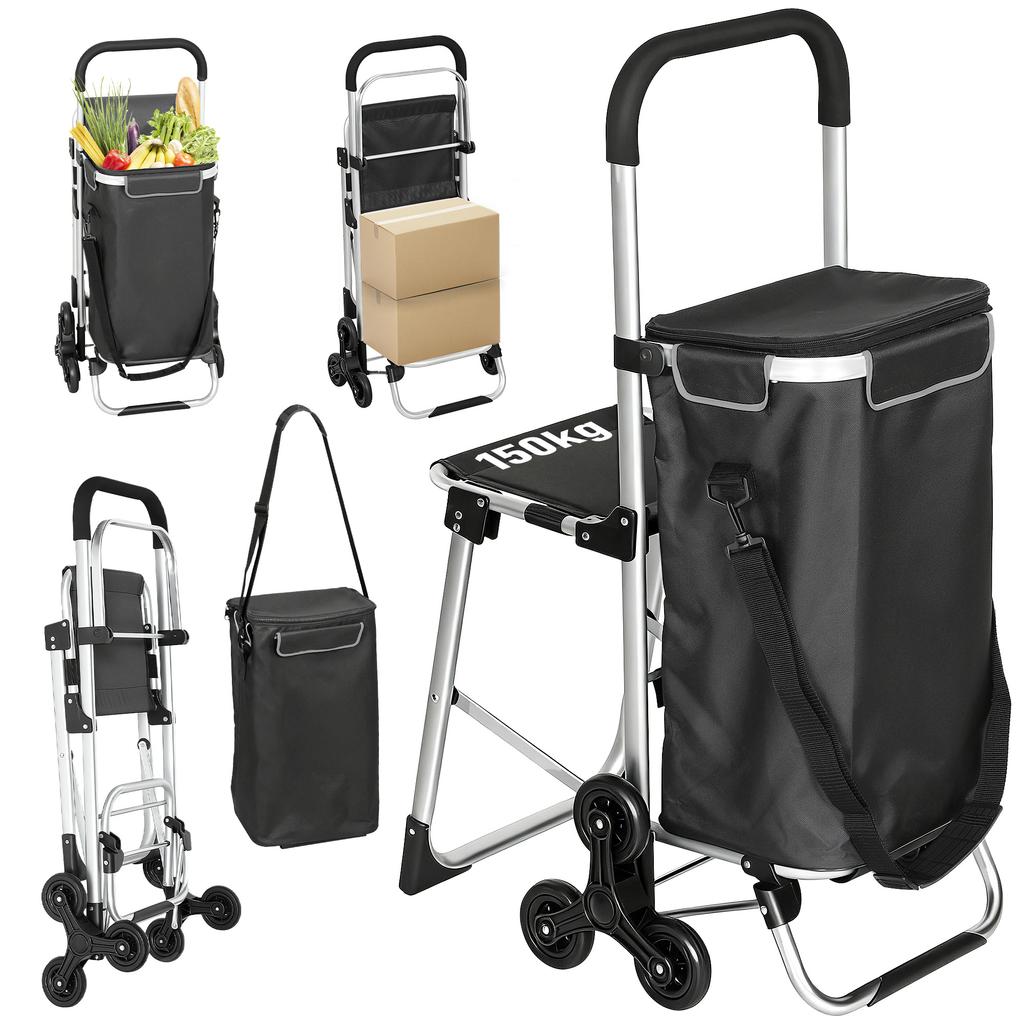 Chariot de courses 3-en-1 Pliable avec Siège Capacité 40L Gris Foncé