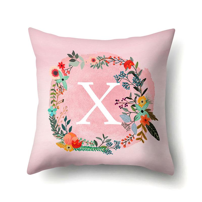 Polyester Pillowcase Pink Flower Home Decoration Print 26 English Letter Cushion Pillowcase