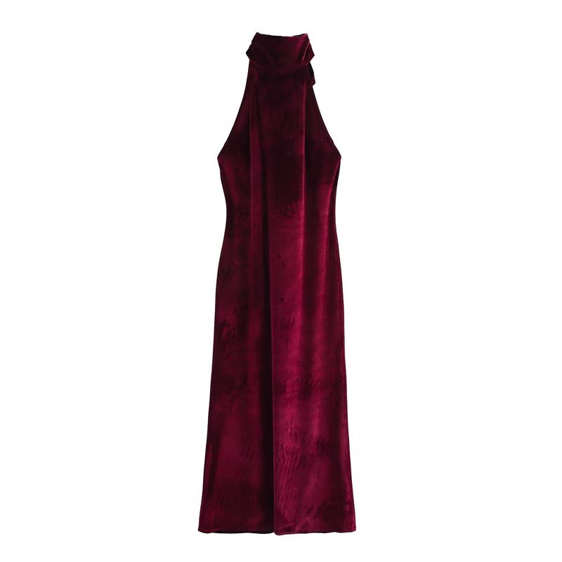 

Kaslead New Arrival Women s Clothing Fashion Style Fashion Hanging Collar Silk Satin Texture Length Dress 8739331 Velvet dark purple L