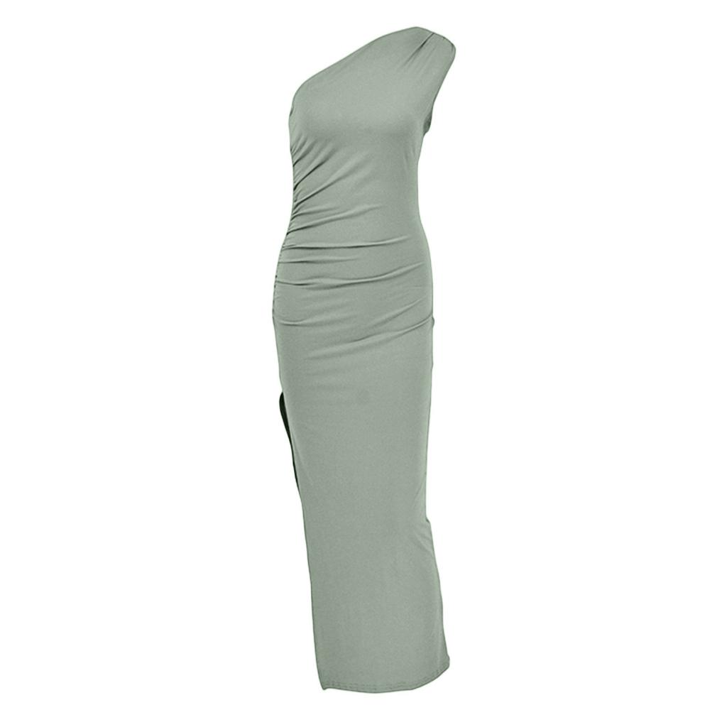 Ladies' Fashionable Solid Color Single Shoulder Sleeveless Pleated Slit Dress With Temperament