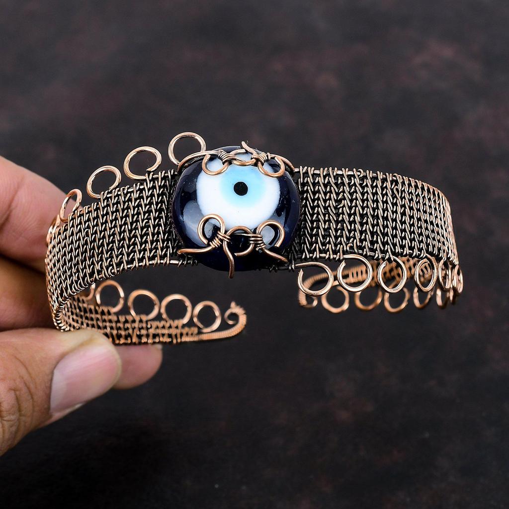 Blue Color Evil Eye Bangle Copper Wire Wrapped Cuff Bracelet Gemstone Adjustable Cuff Handmade Copper Jewelry Unique Bangle Anniversary Gift