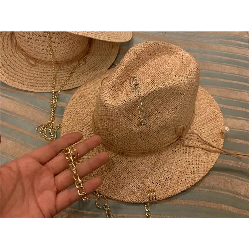 

Летняя льняная булавка из сизаля ручной работы с жемчужной пуговицей и золотой цепочкой, женская шляпа-федора, женская шляпа Panamjazz One Size