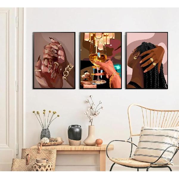 LQOZTBX 3Pcs Black Girl Wall Art Fashion African American Canvas Paintings Black Women Posters Nail Art Pictures Champagne Prints Boho Aesthetic Wall