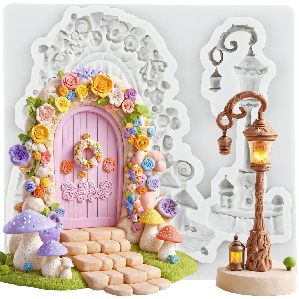 Fairy Garden Door Silicone Mold Street Lamp Fondant Molds Cake Decorating Tools Cupcake Topper Candy Resin Clay Chocolate Gumpaste Mold