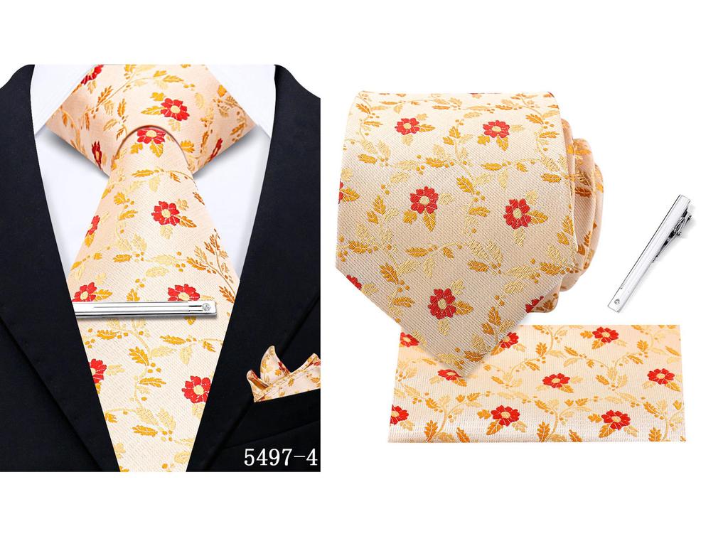 Men's Retro Floral Tie, Pocket Square & Tie Clip Set for Weddings