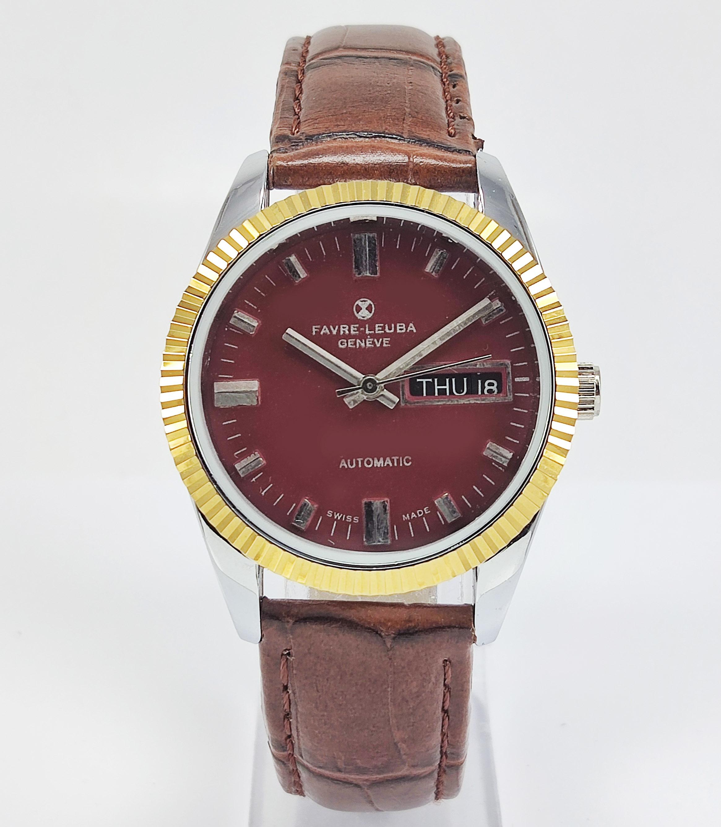 

Восстановленные автоматические часы Favre-Leuba Geneve Maroon с красным циферблатом, 17 камней, дата и дата, AS 2088