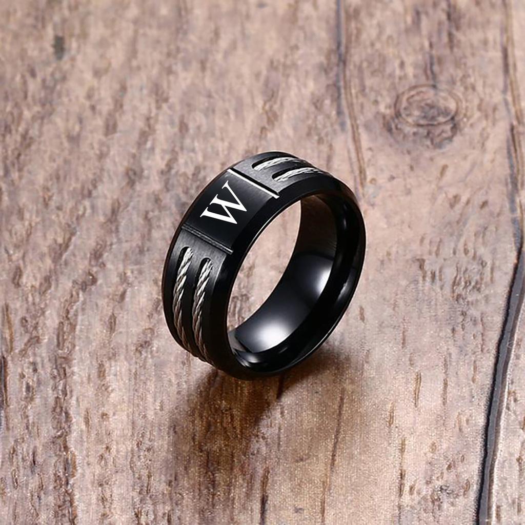Stilvoller schwarzer Herrenring mit Anfangsbuchstaben, wasserdichter Edelstahl-Ehering mit dem Buchstaben AZ für Männer und Jungen als Fingergeschenk