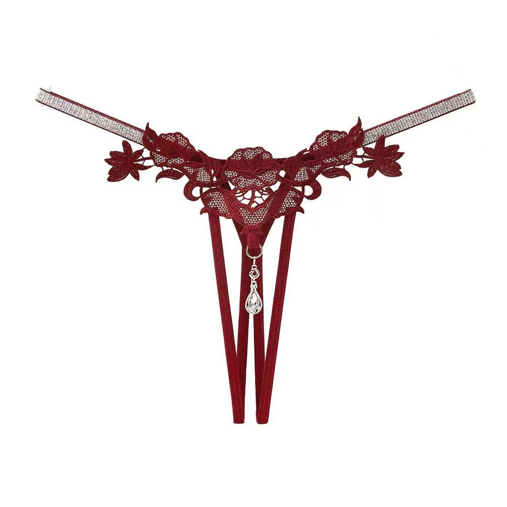 European & American Sparkling Rhinestone Embroidered Lingerie - Women's Open Crotch Hollow-Out Sexy Thong