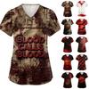 Women's V Neck Short Sleeve Work Top with Pockets Halloween Print Medical Uniform Shirt for Caregivers and Healthcare Professionals