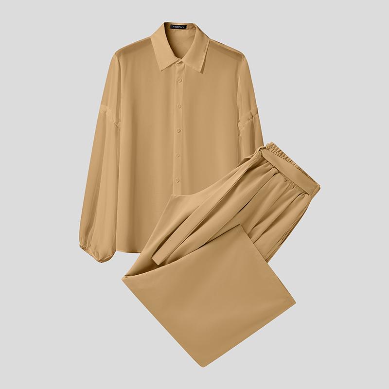 

INCERUN 2 шт. Мужская рубашка с лацканами, полупрозрачная, с длинным рукавом, брюки с широкими штанинами, комплекты, наряды 3XL хаки