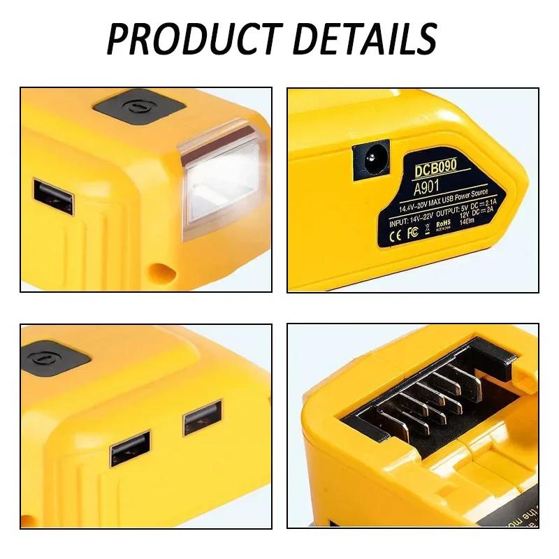 Adapter LED Light Working Lamp USB Power Bank DC 12V Output For Dewalt 14.4V 18V Li-ion Battery DCB140 DCB183 DCB203 Charger