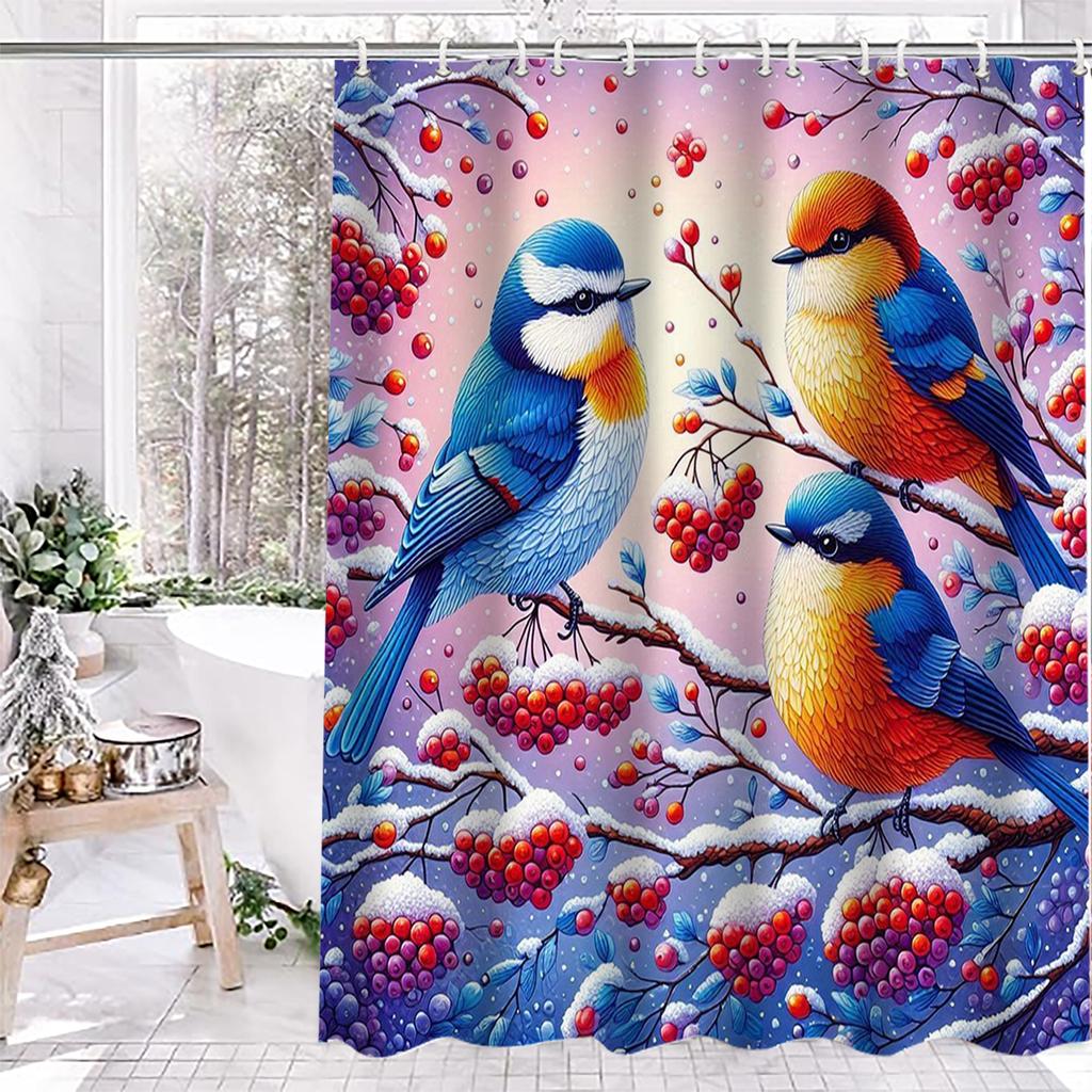 Christmas Festival Decorations Snow View Bird Pattern Bathroom Shower Curtain With 12 Hooks Home Bathroom Decor And Accessories