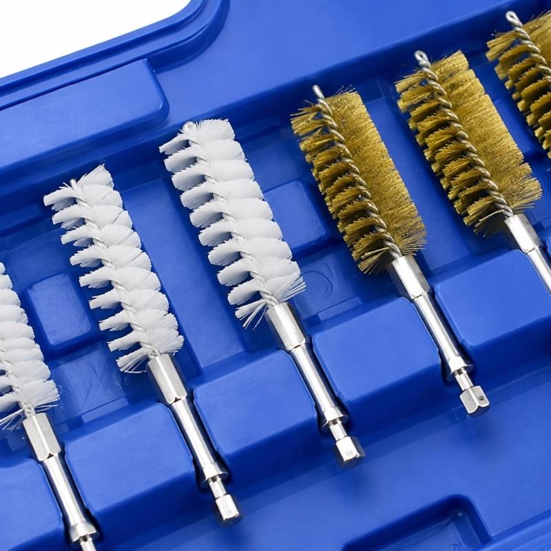 Cylinder Head Recess Cleaning Brush Kit with Slender Access Shafts, Interchangeable Handle, 19 Pieces, and Fitted Storage Compartments