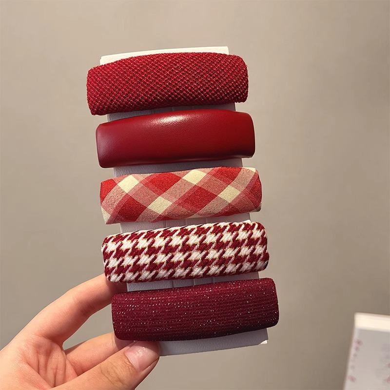 New Year's Sweet Red Hair Pin Women's Thousand Bird Grid Velvet Edge Clip BB Clip Sponge Thickened Bangs Clip Hair Accessories