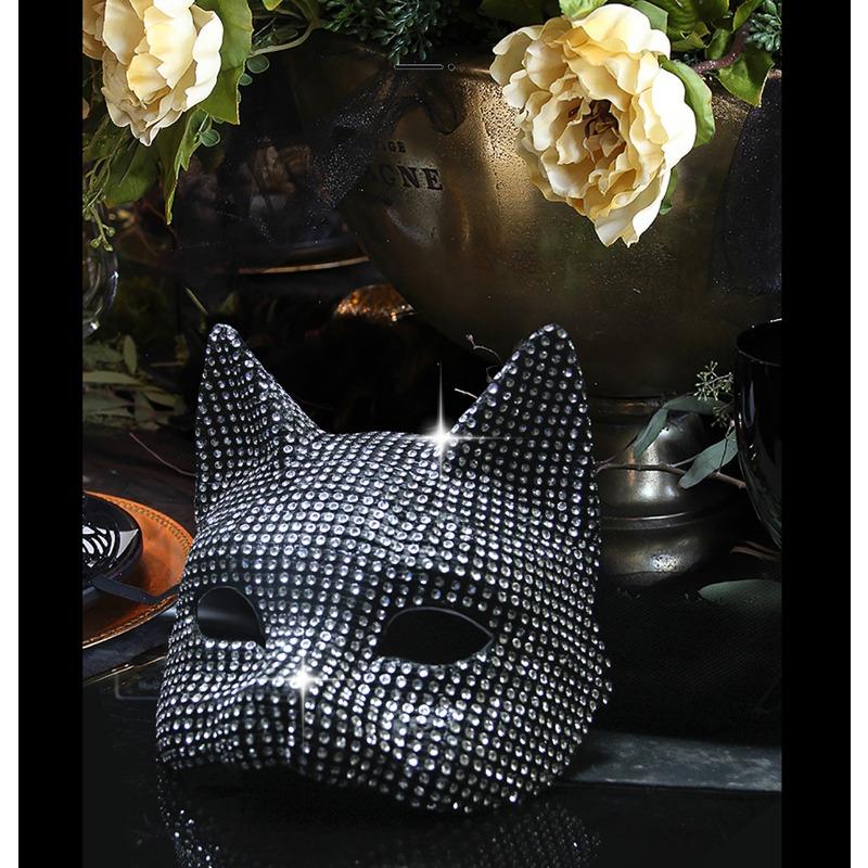 Halloweenowy zestaw z maską kota z diamentami i rękawiczkami, seksowny zestaw kocie dziewczyny wysadzany diamentami, rekwizyty do przebrania na bal