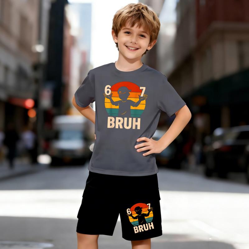 Boys 2 Piece Popular Meme "67 Bruh" Printed Outfit, Short Sleeve T-Shirt and Shorts Set for Kids Age 5-14,Black and White Sporty Casual Summer Clothes