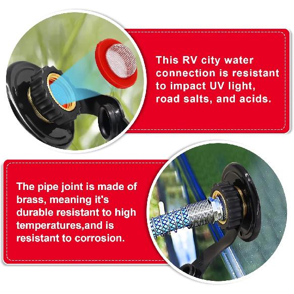 RV City Water Inlet With Check Valve, 3/4 NH Female To 1/2 NPT Male Black Flange RV Fresh Water Inlet, Lead-Free Brass RV Water Connection Inlet With