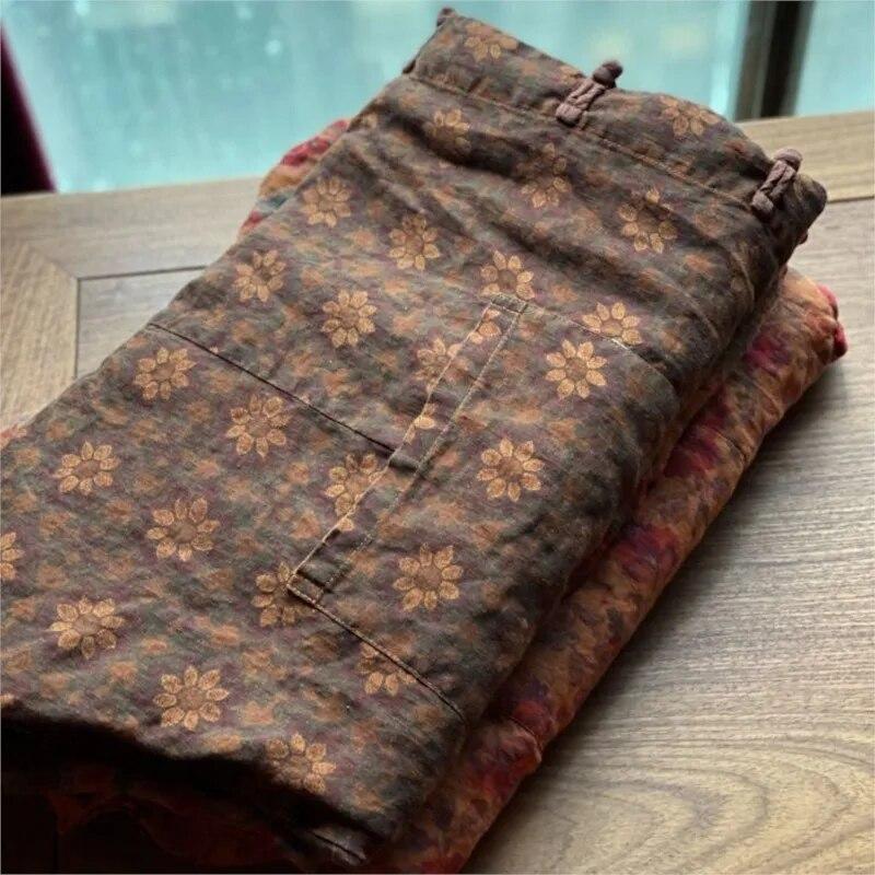 Johnature Women Fashion Retro Snowflake Wash Flax Printing Loose Coat Chinese Style Long Sleeve Fall Coat
