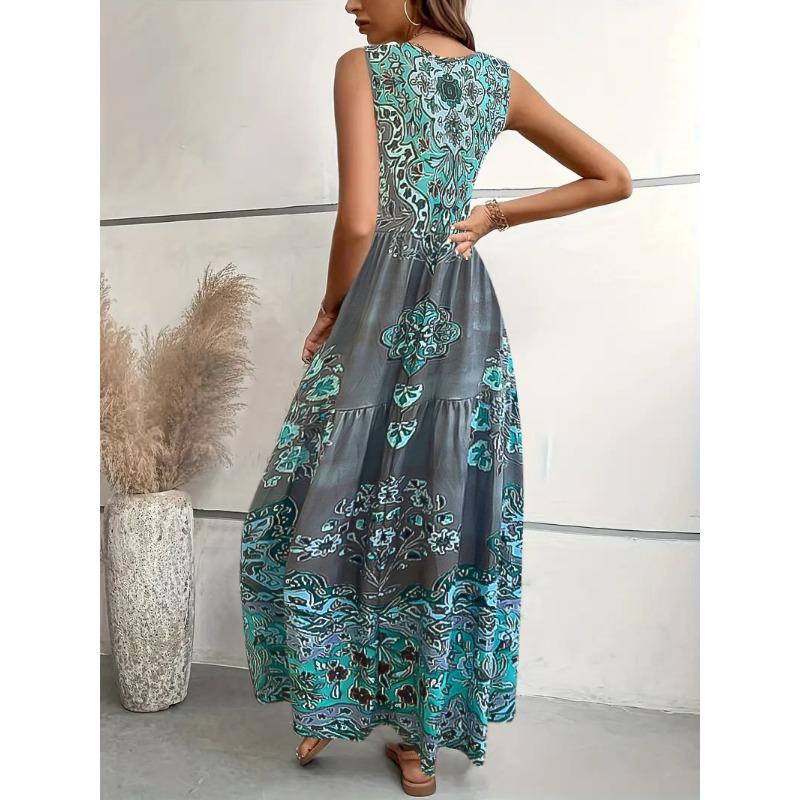 JKASHDK Kvinnemote Sommer Vårblomstmønster Print Ermeløs O-hals Løs midje Fritidskjoler