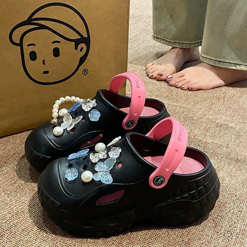 New Beach Removable Thick Bottom Hole Shoes Women's Non-slip Butterfly Outside Wear Heightening EVA Baotou Slippers