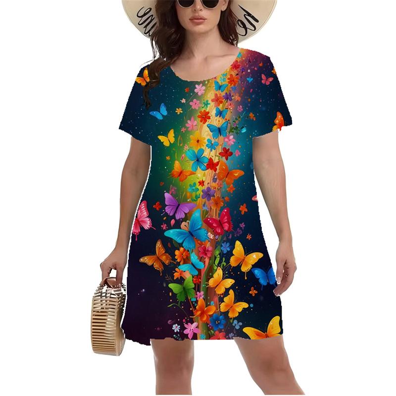 

Платье с принтом 3D красочных бабочек, летнее, с коротким рукавом, О-образным вырезом, повседневные платья А-силуэта, модное женское пляжное платье для отдыха, Vestidos 6XL
