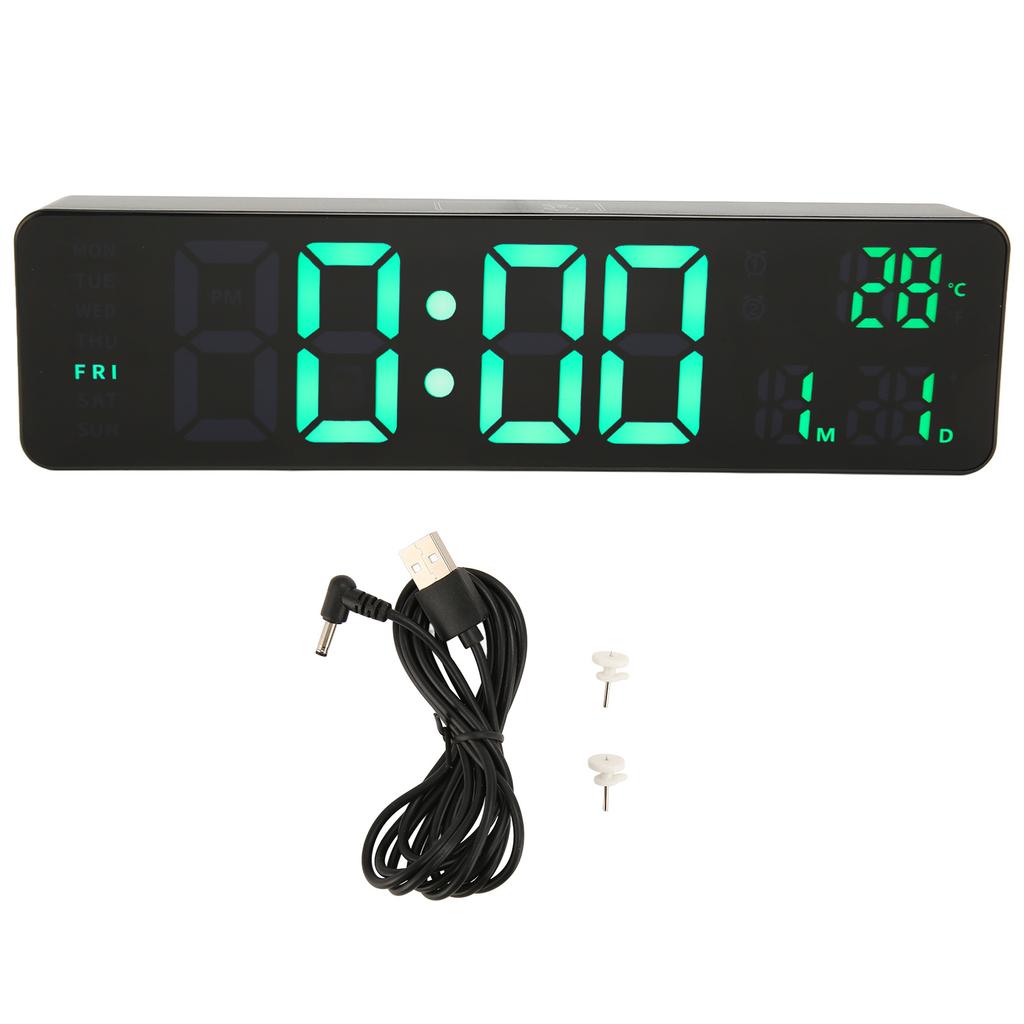 Digital Alarm Clock 10in 12/24H Temperature Display Battery Powered Quiet Green Backlit LED Clock