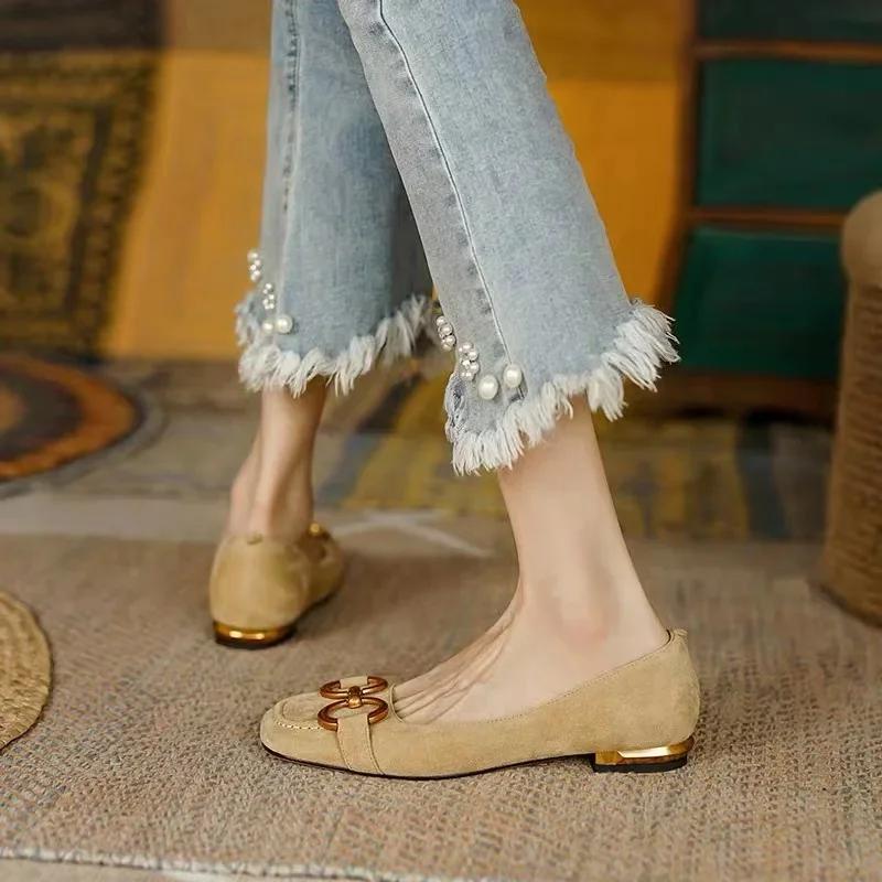 Fashion French Square Head Horsebit Leather Women Shoes Shallow Mouth Slip-On Low-heels Office Career Shoe Zapatos Mujer