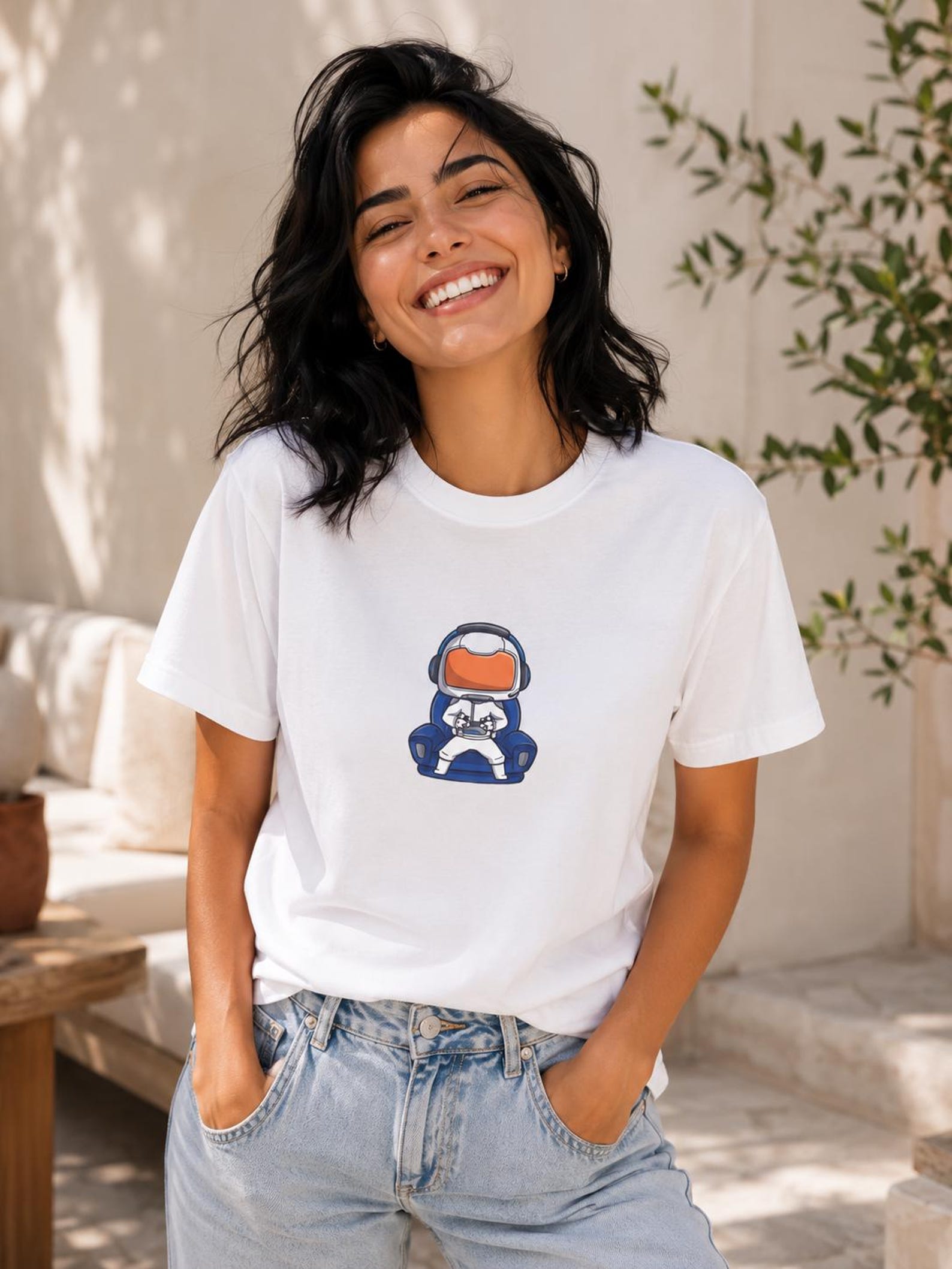 Gamer Astronaut Illustration T-Shirt | Vintage Space Helmet Tee 3XL