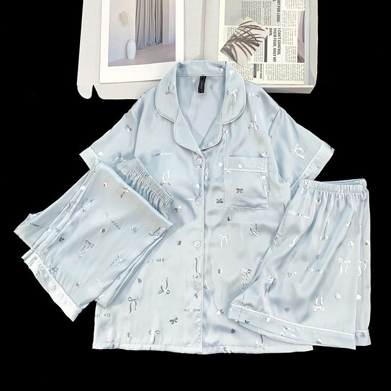 Women's Ice Silk Pajama Set: Built-in Bra, Silver Cinnamon Dog & Cat Top, Shorts & Long Pants