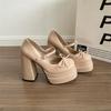 Super high heel Mary Jane shoes women's thick heel one-word buckle waterproof table single shoes small leather shoes nude high heels