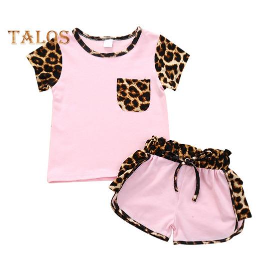 2Pcs Leopard Print Outfit for Baby Girl Summer Short Sleeve Pocket Round Neck Top Shorts Cute Sisters Matching Suit for Daily Wear Photography Parties