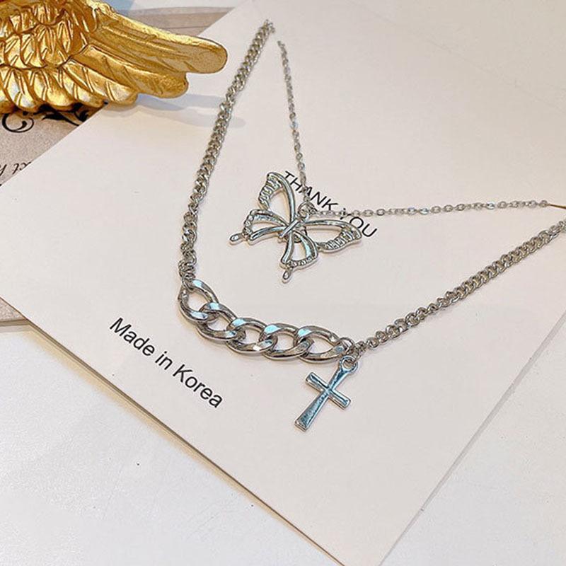 Punk Cuban Double Layer Big Butterfly Pendant Necklace Silver Choker Chain Necklace Women Fashion Jewelry