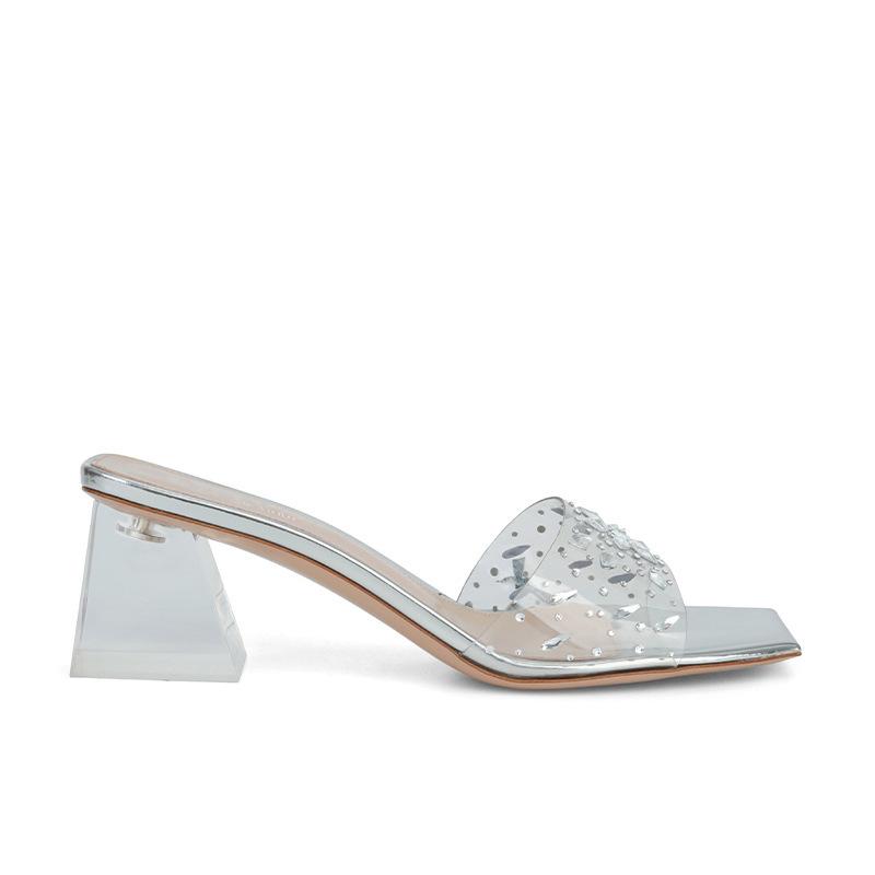 Sheepskin~ Square Head Rhinestone Transparent Slippers Women's Summer Wear Pvc Crystal Thick Heels Cool Slippers High Heels