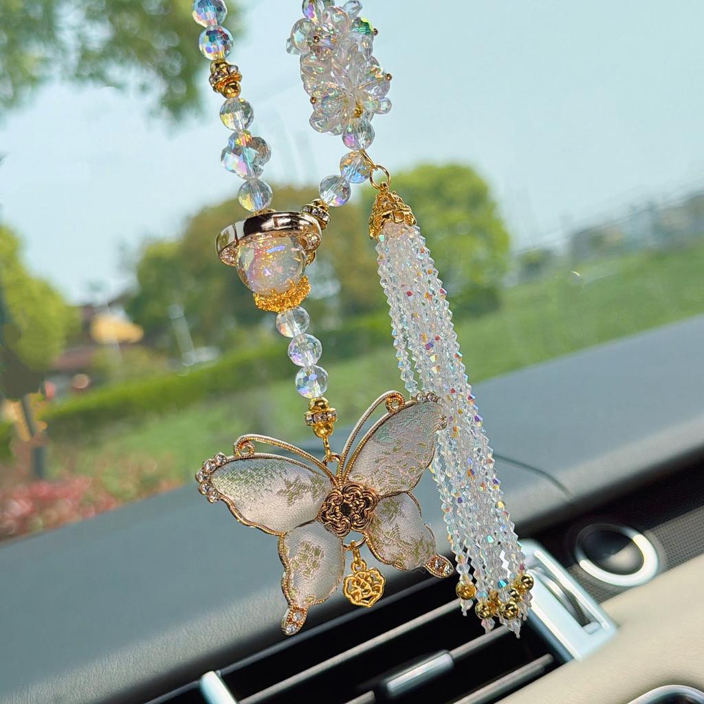 Women Song Brocade Butterfly Crystal Car Pendant Rearview Mirror Hanging Decoration