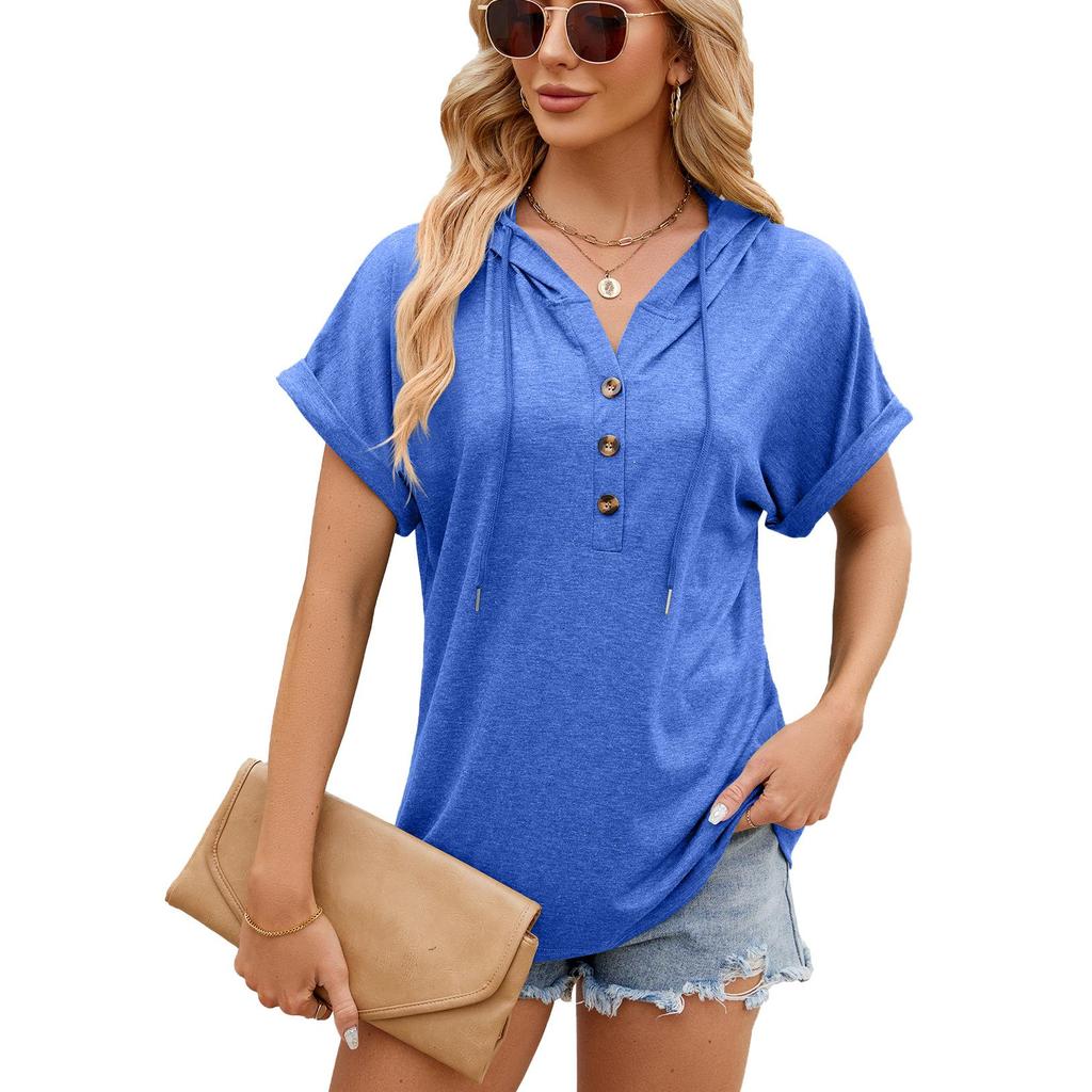 2026 Solid Color Hooded Button Loose Women's Short Sleeved T-shirt Top