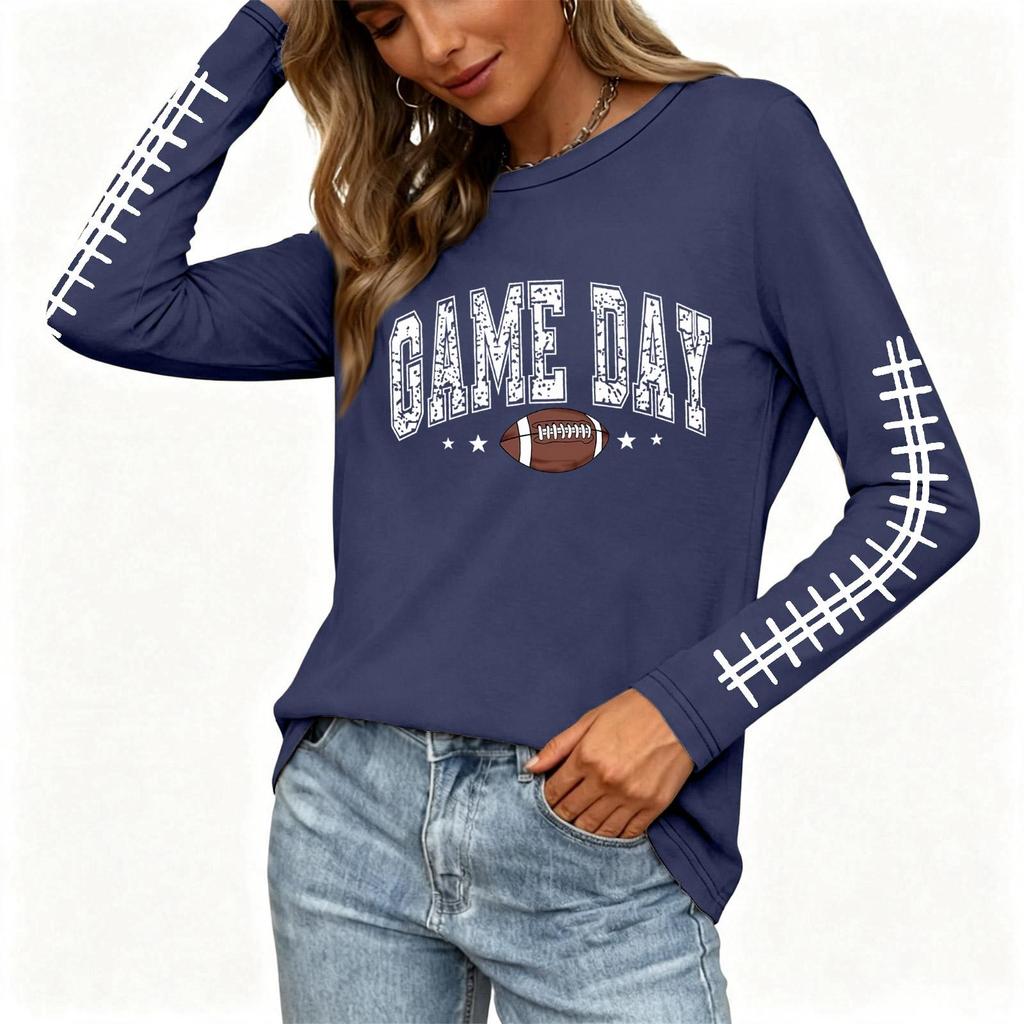 Women's Casual Long Sleeve Neck Top with Rugby Print and Side Slit for Everyday Wear