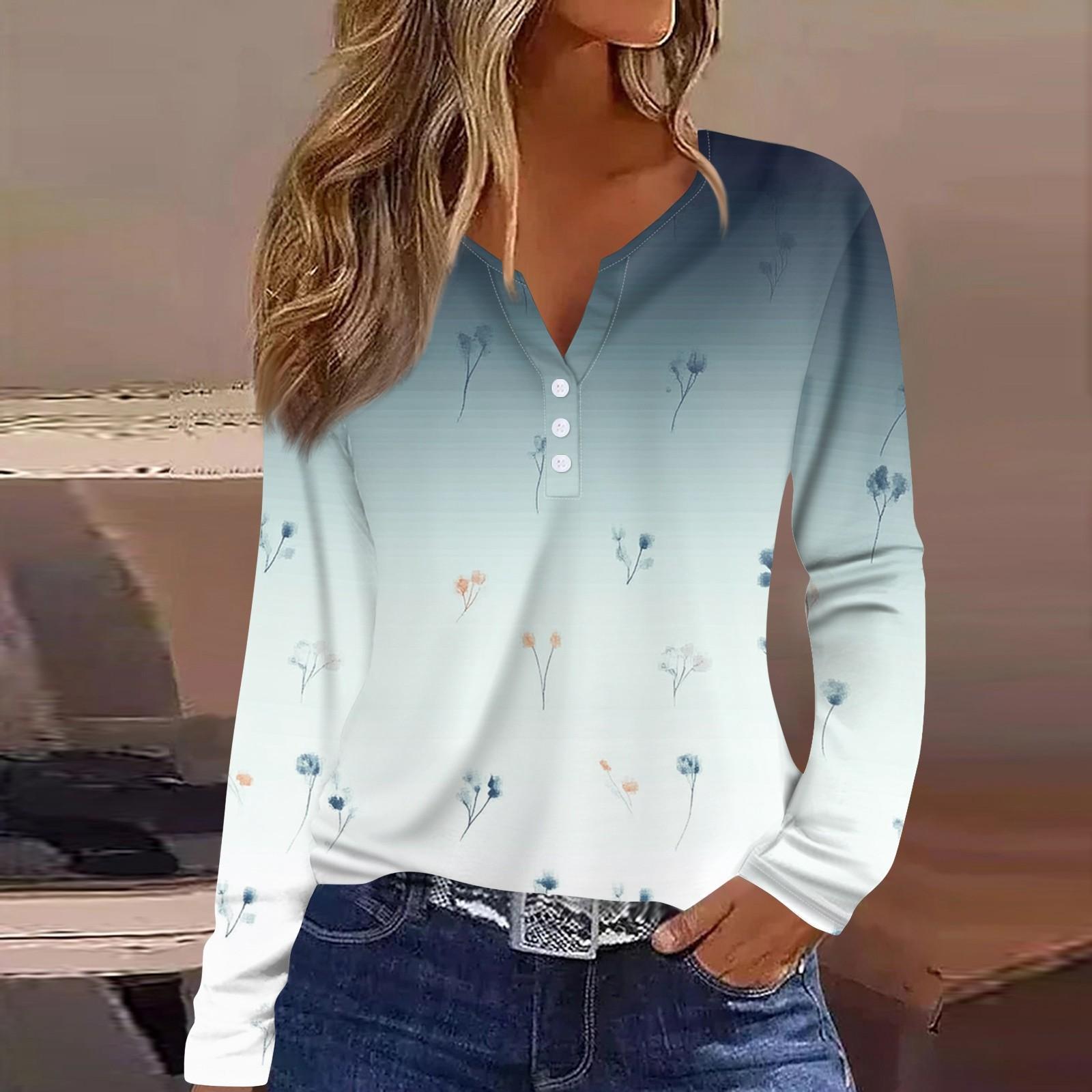 

Жен. Футболка Футболка С принтом Пуговицы Длинный рукав Повседневные Выходные Мода Классический V-образный вырез Обычный Верх XL
