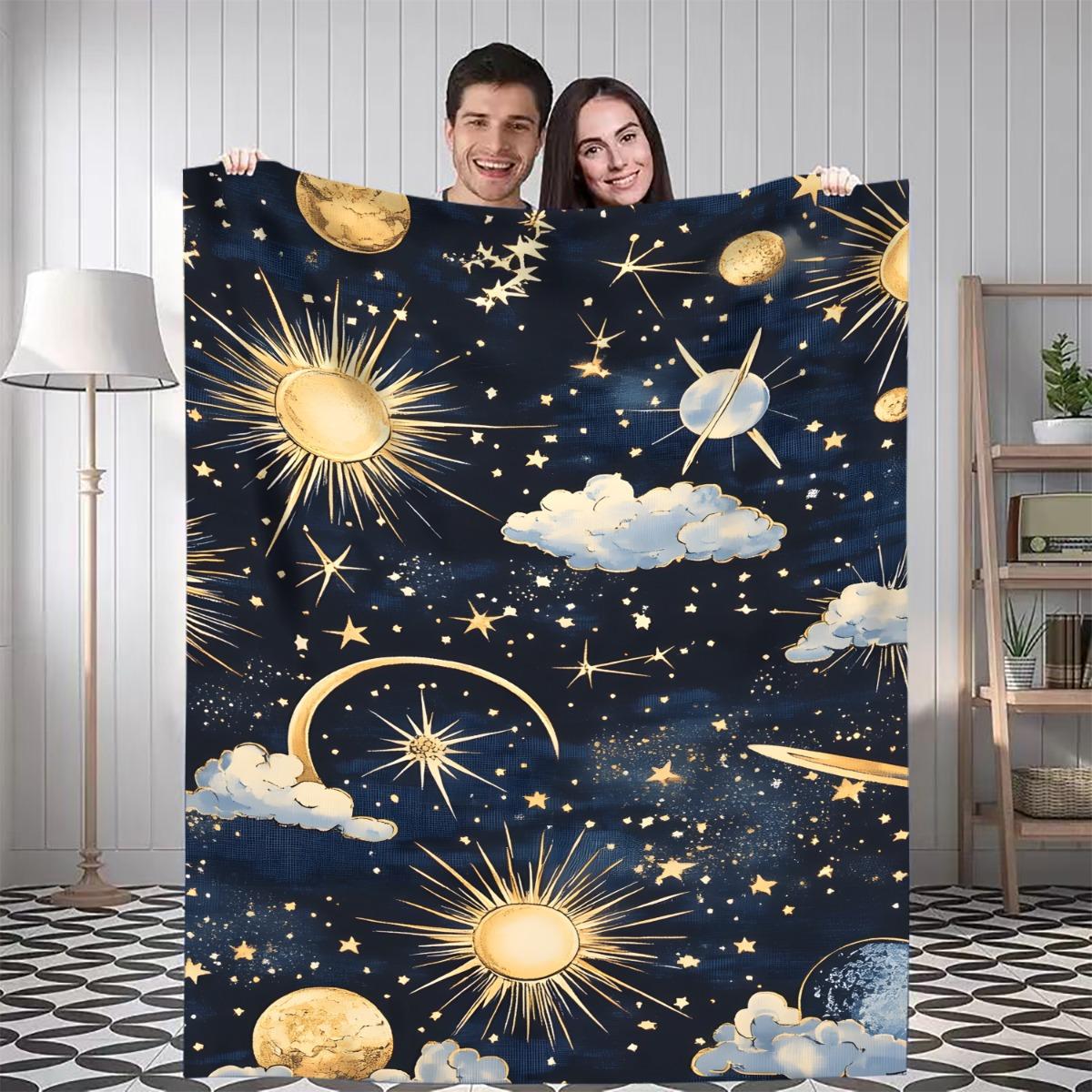 

1pc Celestial Throw Blanket - Navy Blue & Golden Galaxy Design with Stars, Planets, Soft Flannel All-Season Warmth for Home 75x90cm28x35in
