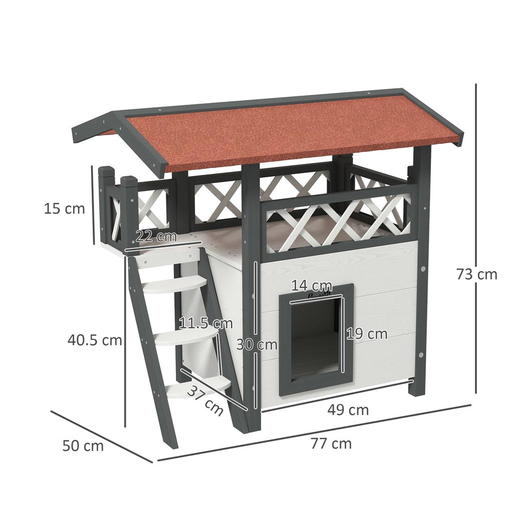 Outdoor Cat House with Terrace and Wooden Ladder, 77x50x73cm, White and Grey