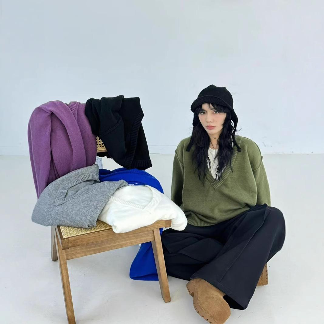 

Becabeau Women s Oversized Layered Knit Sweater - Winter Korean Style, Plus Size, Deep V-Neck, Casual Lazy Fit One Size